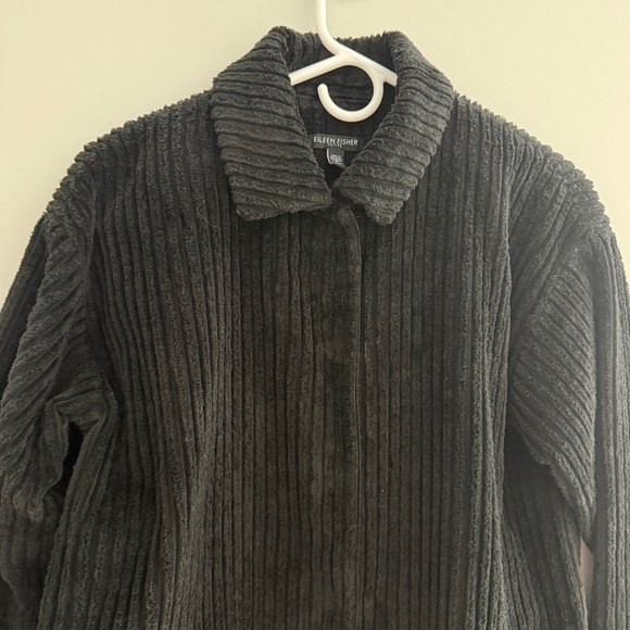 EILEEN FISHER ORGANIC COTTON WIDE CORDUROY COAT SNAP FRONT LINED POCKETS BLK PS - Picture 3 of 11